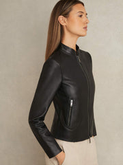 Leather Collarless Biker Jacket Black | Women