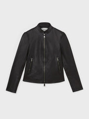 Leather Collarless Biker Jacket Black | Women