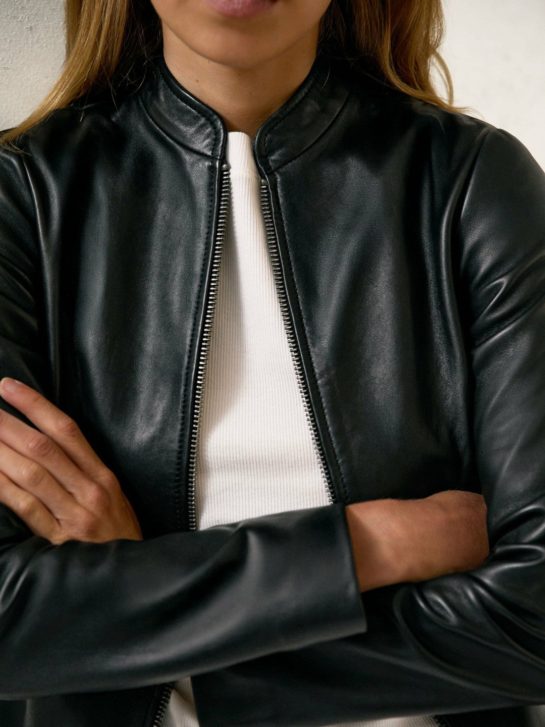 Leather Collarless Biker Jacket Black | Women