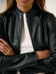 Leather Collarless Biker Jacket Black | Women