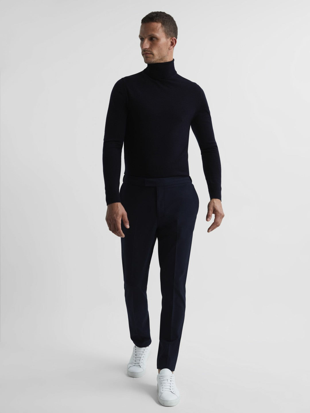Slim Fit Merino Wool Roll Neck Jumper Navy | Men