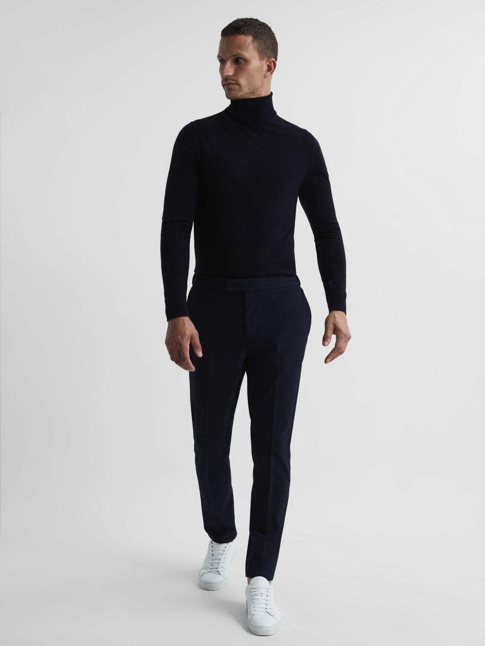 Slim Fit Merino Wool Roll Neck Jumper Navy | Men