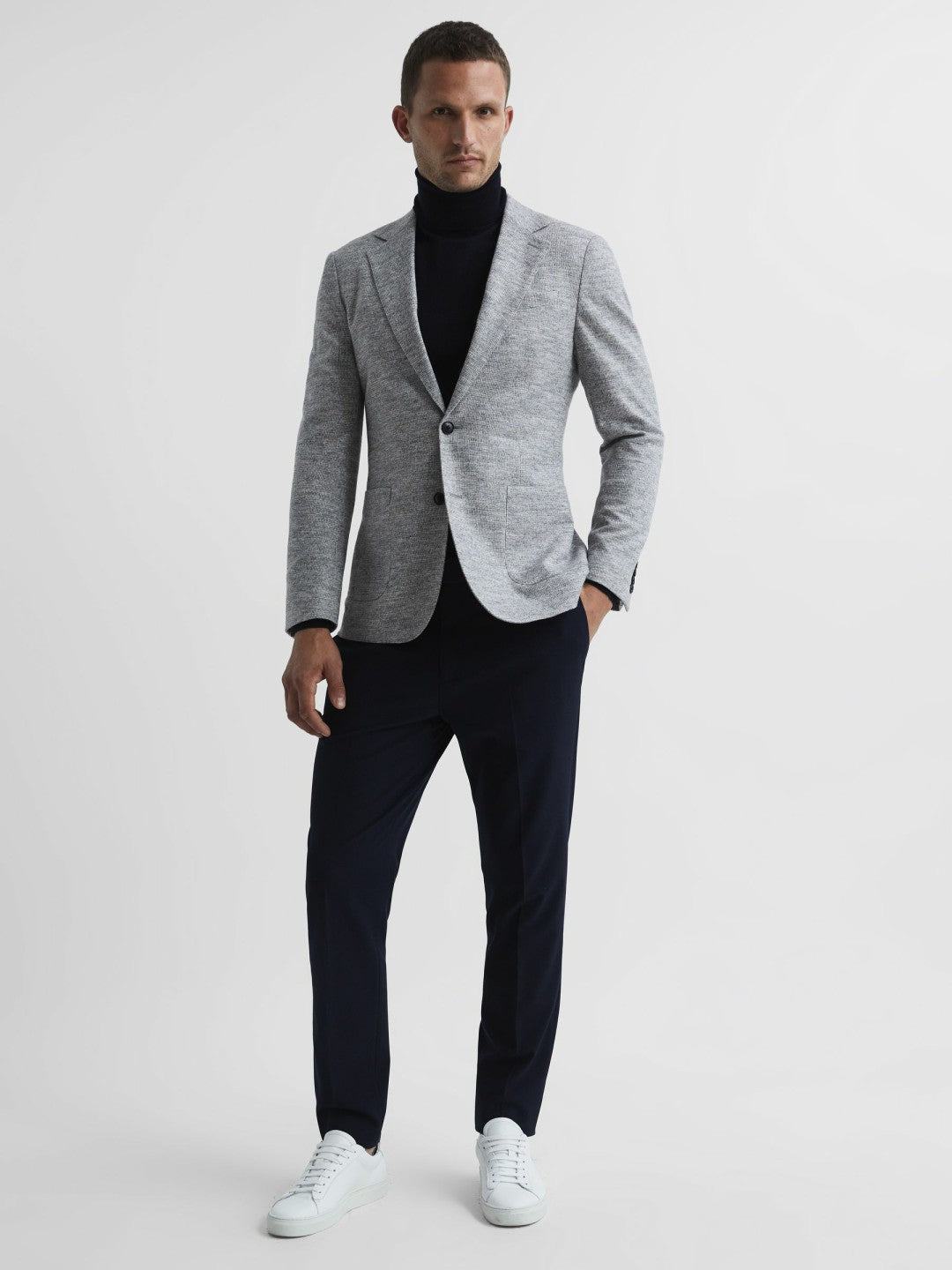 Slim Fit Merino Wool Roll Neck Jumper Navy | Men