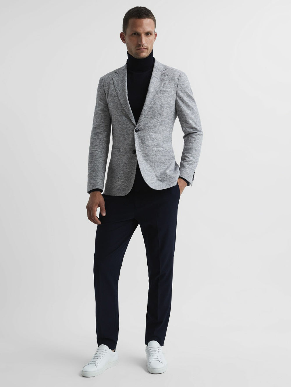 Slim Fit Merino Wool Roll Neck Jumper Navy | Men