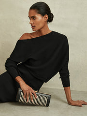 Off-The-Shoulder Ribbed Midi Dress Black | Women