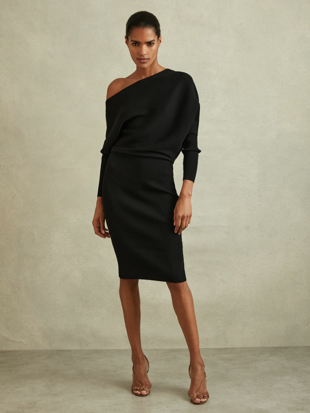 Off-The-Shoulder Ribbed Midi Dress Black | Women
