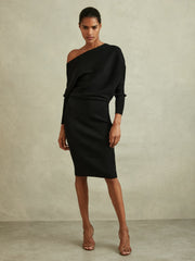 Off-The-Shoulder Ribbed Midi Dress Black | Women