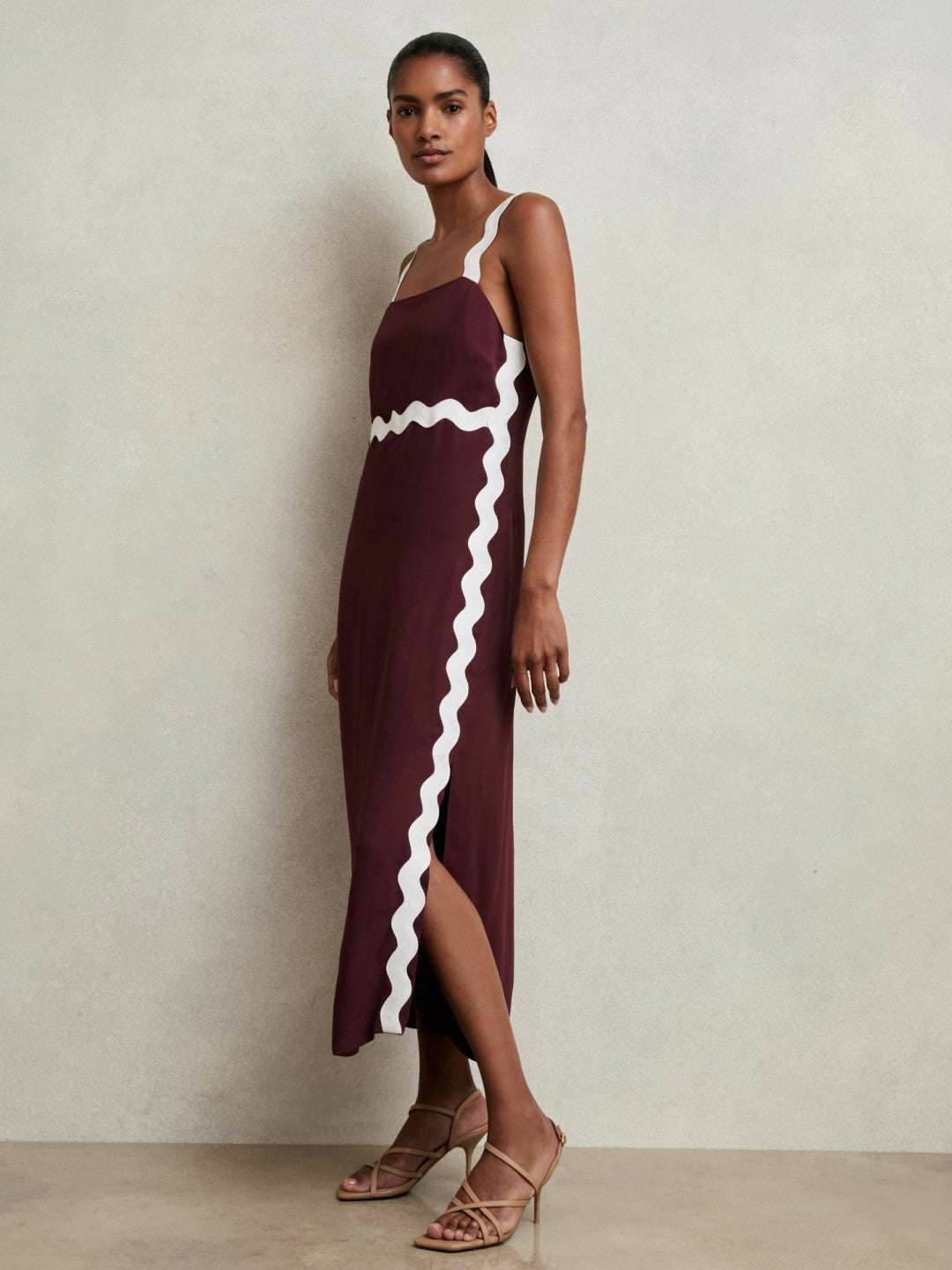 Wave-Trim Crepe Midi Dress Burgundy | Women