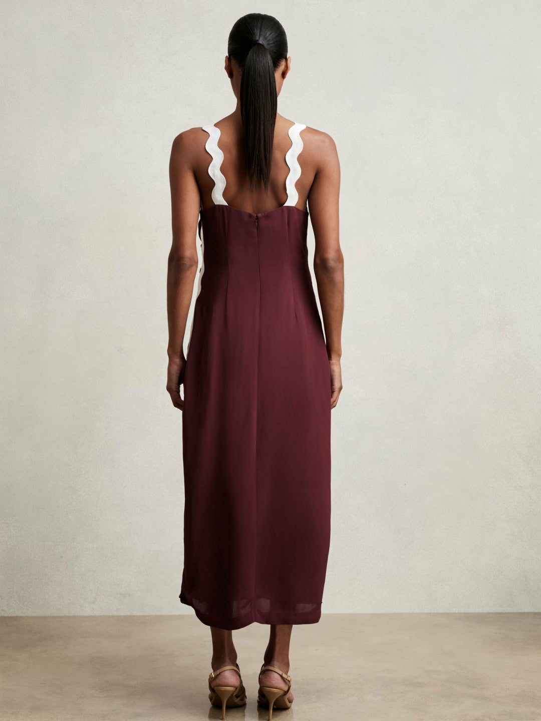 Wave-Trim Crepe Midi Dress Burgundy | Women