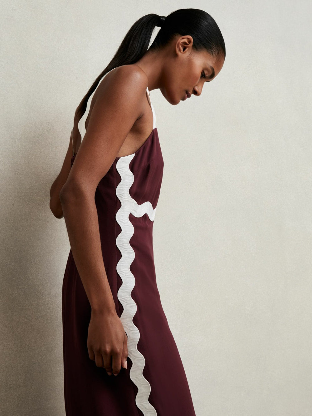 Wave-Trim Crepe Midi Dress Burgundy | Women