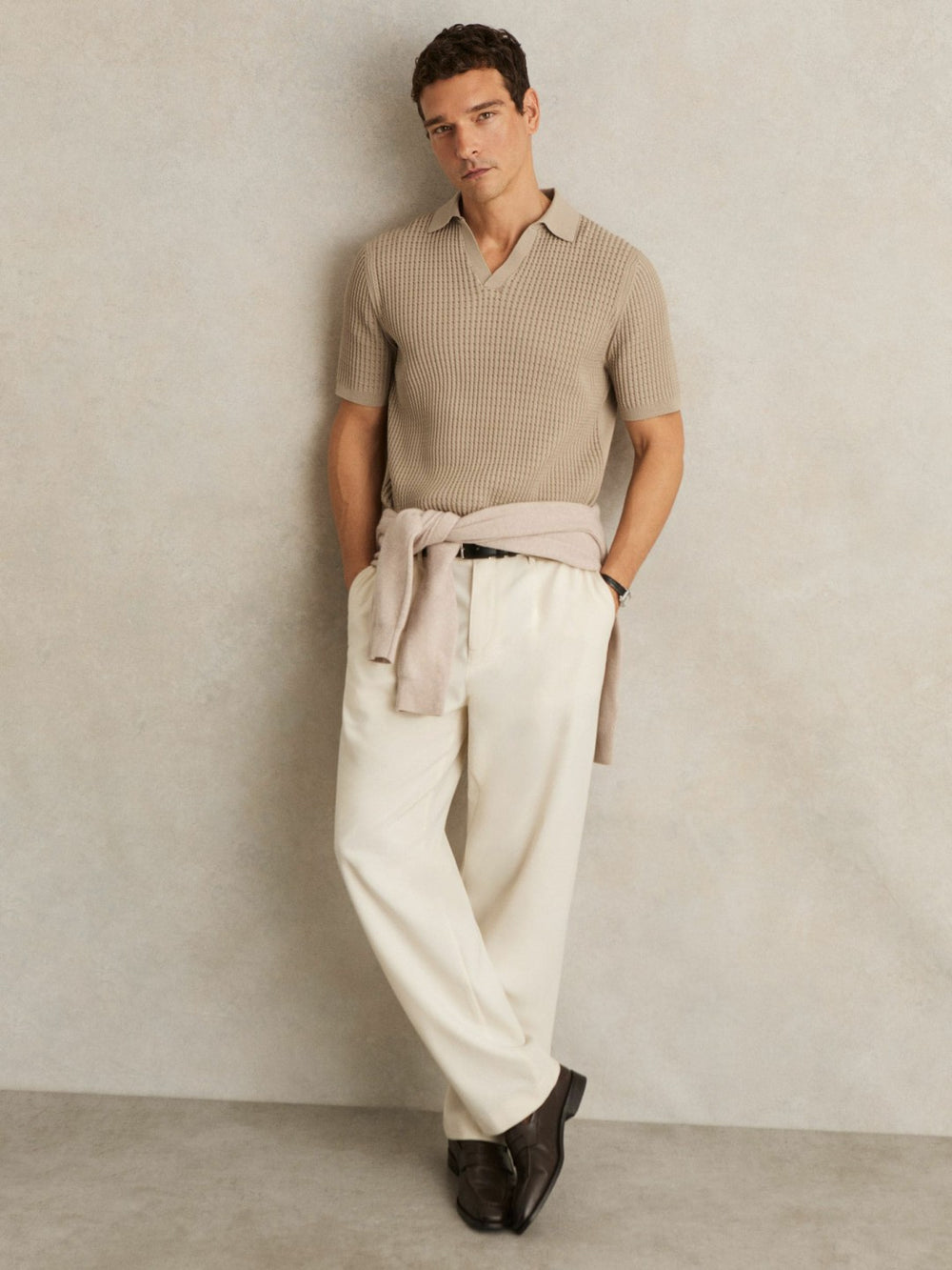 Micro-Cable Open-Collar Cotton-Blend Shirt Light Camel Brown | Men