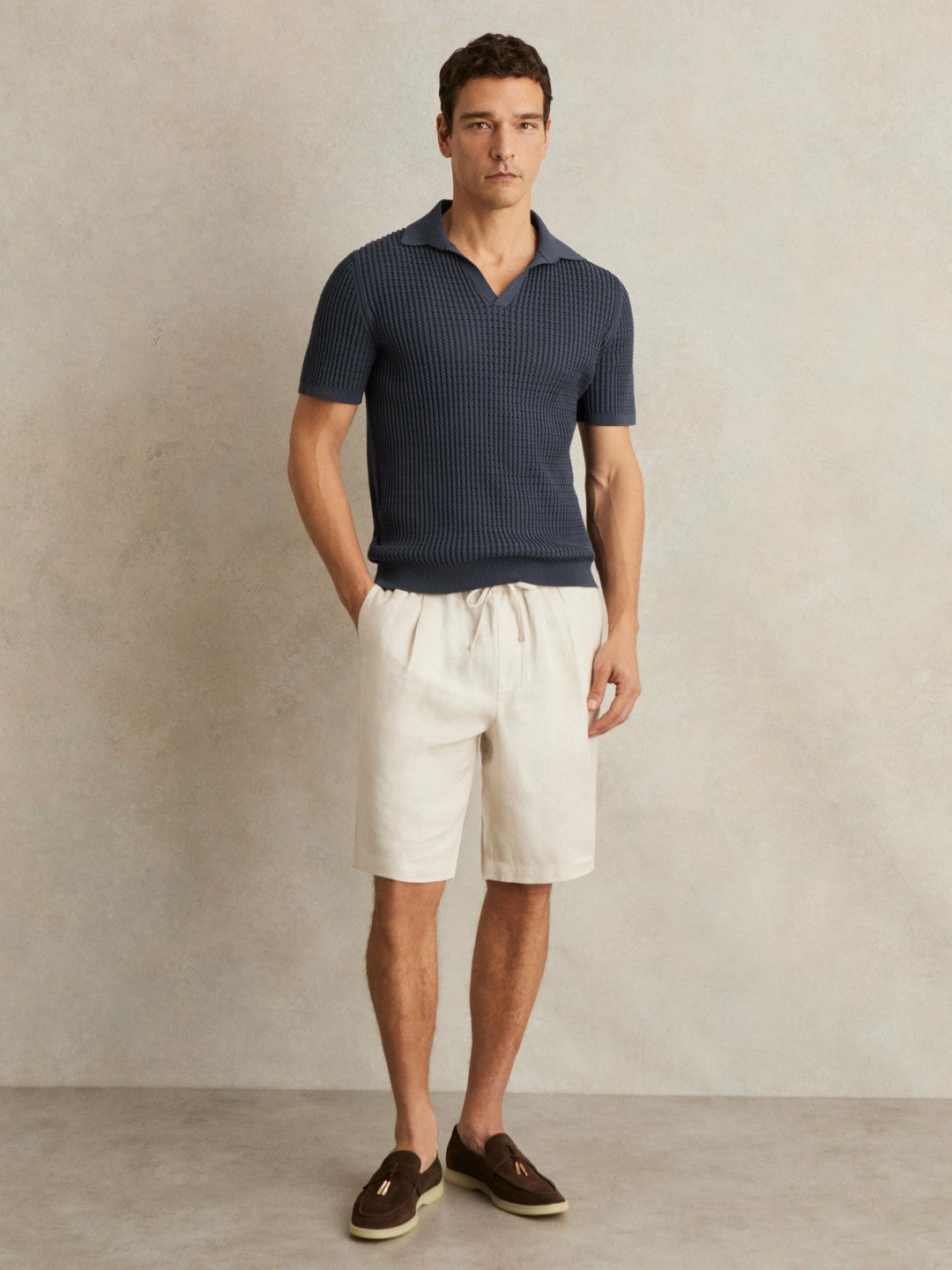 Micro-Cable Open-Collar Cotton-Blend Shirt Dark Airforce Blue | Men