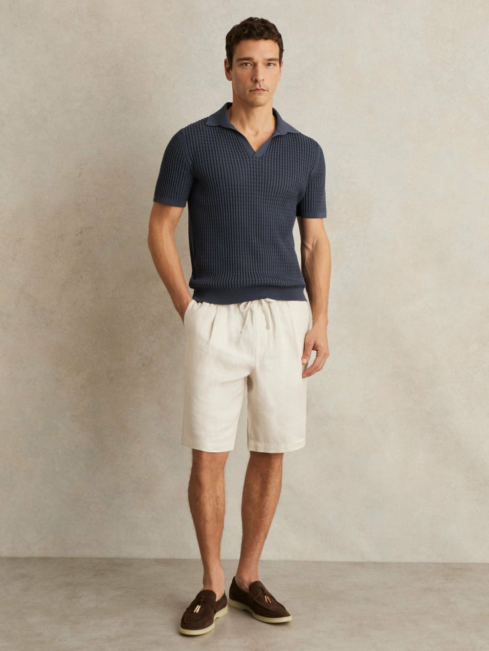 Micro-Cable Open-Collar Cotton-Blend Shirt Dark Airforce Blue | Men