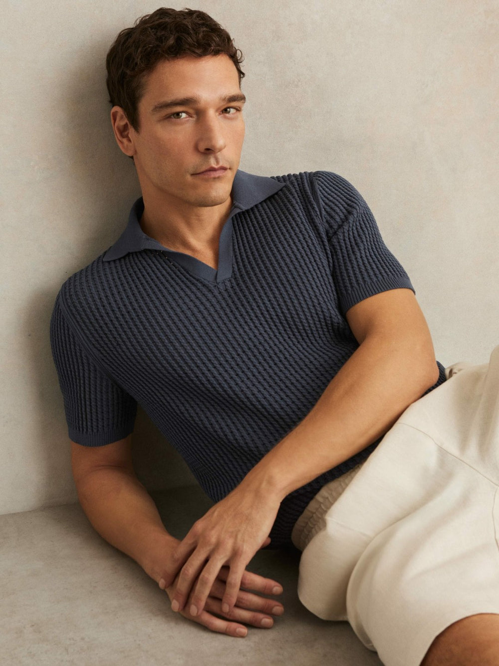 Micro-Cable Open-Collar Cotton-Blend Shirt Dark Airforce Blue | Men