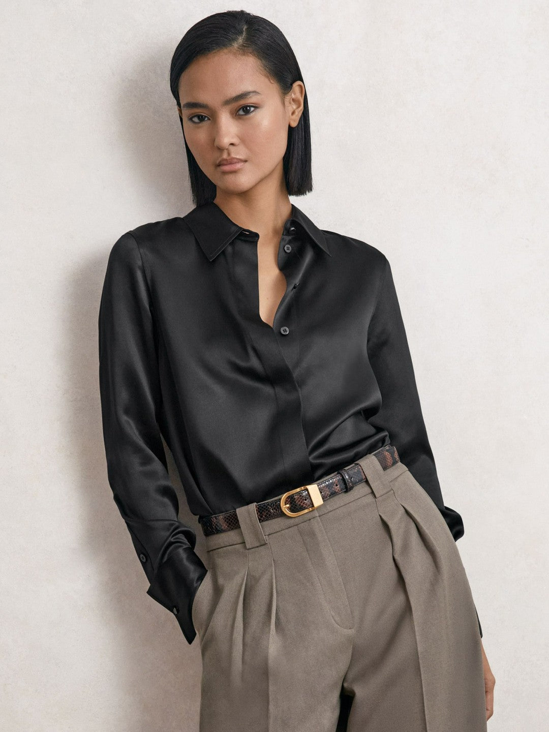Silk-Satin Concealed-Placket Shirt Black | Women