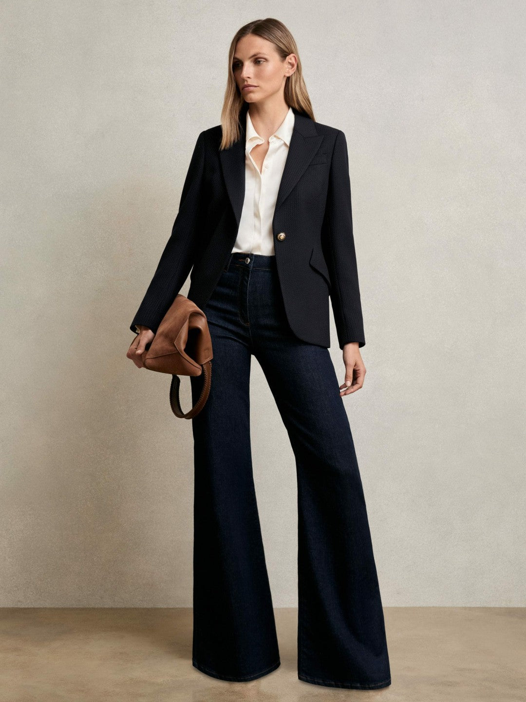 Single-Breasted Textured Blazer Wool-Blend Navy | Women