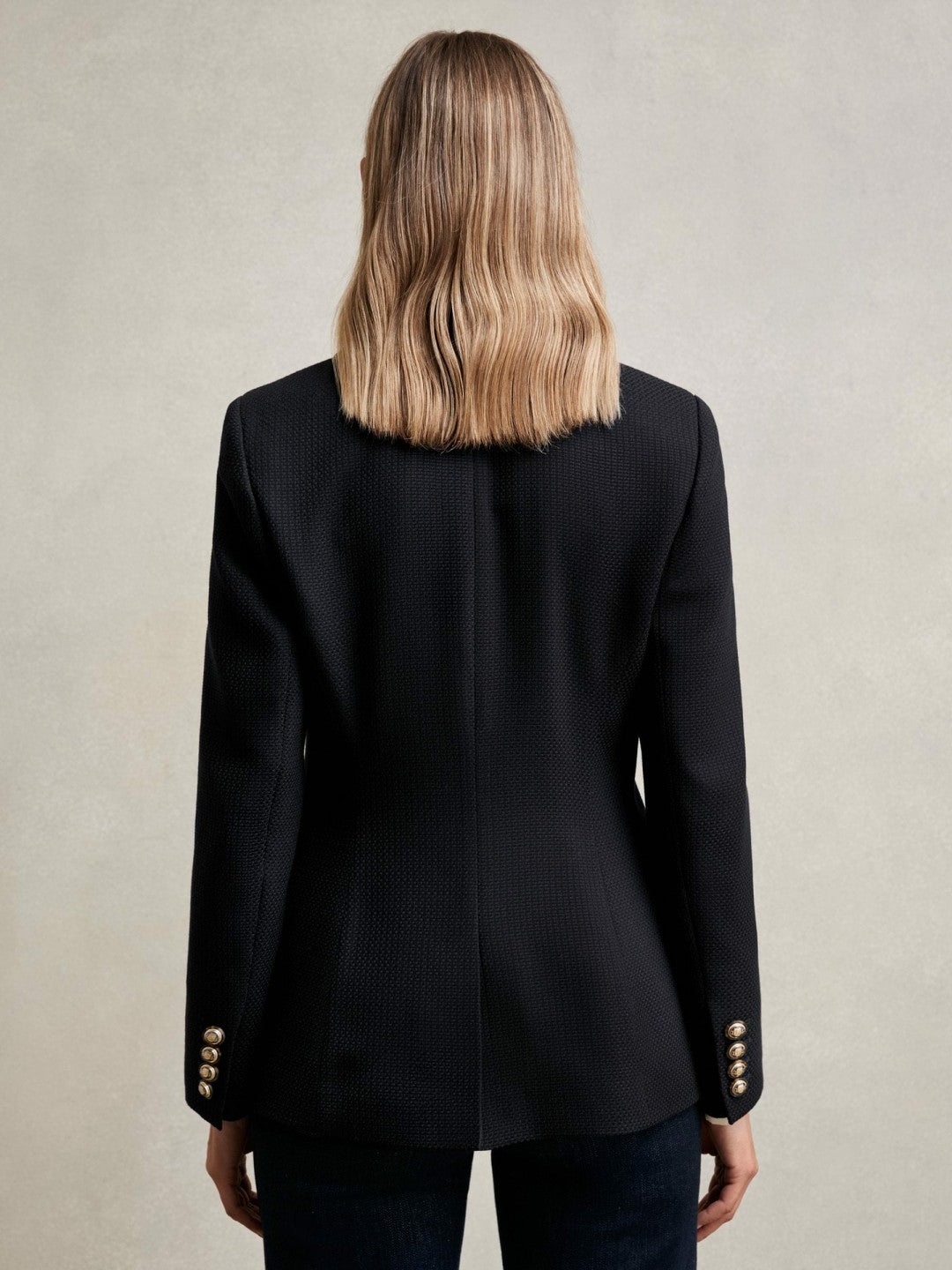 Single-Breasted Textured Blazer Wool-Blend Navy | Women