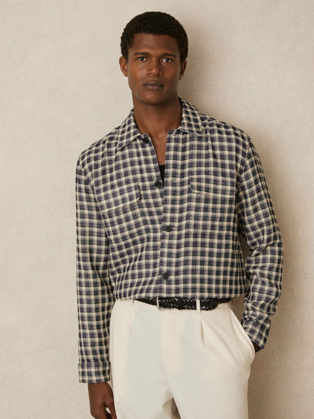 Woven Check Twin Pocket Overshirt Navy/White | Men
