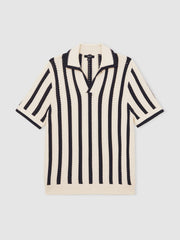 Cotton Blend Stripe Knit Polo Shirt Off White/Navy | Men