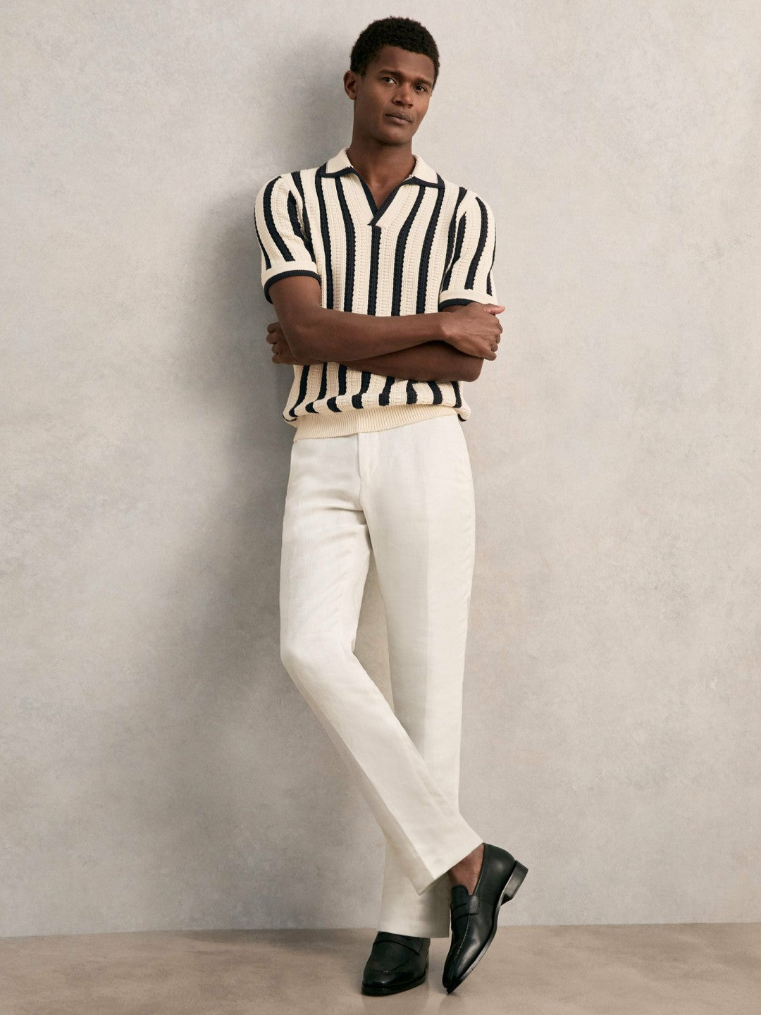 Cotton Blend Stripe Knit Polo Shirt Off White/Navy | Men