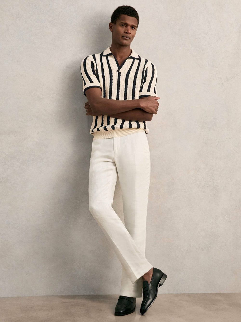Cotton Blend Stripe Knit Polo Shirt Off White/Navy | Men