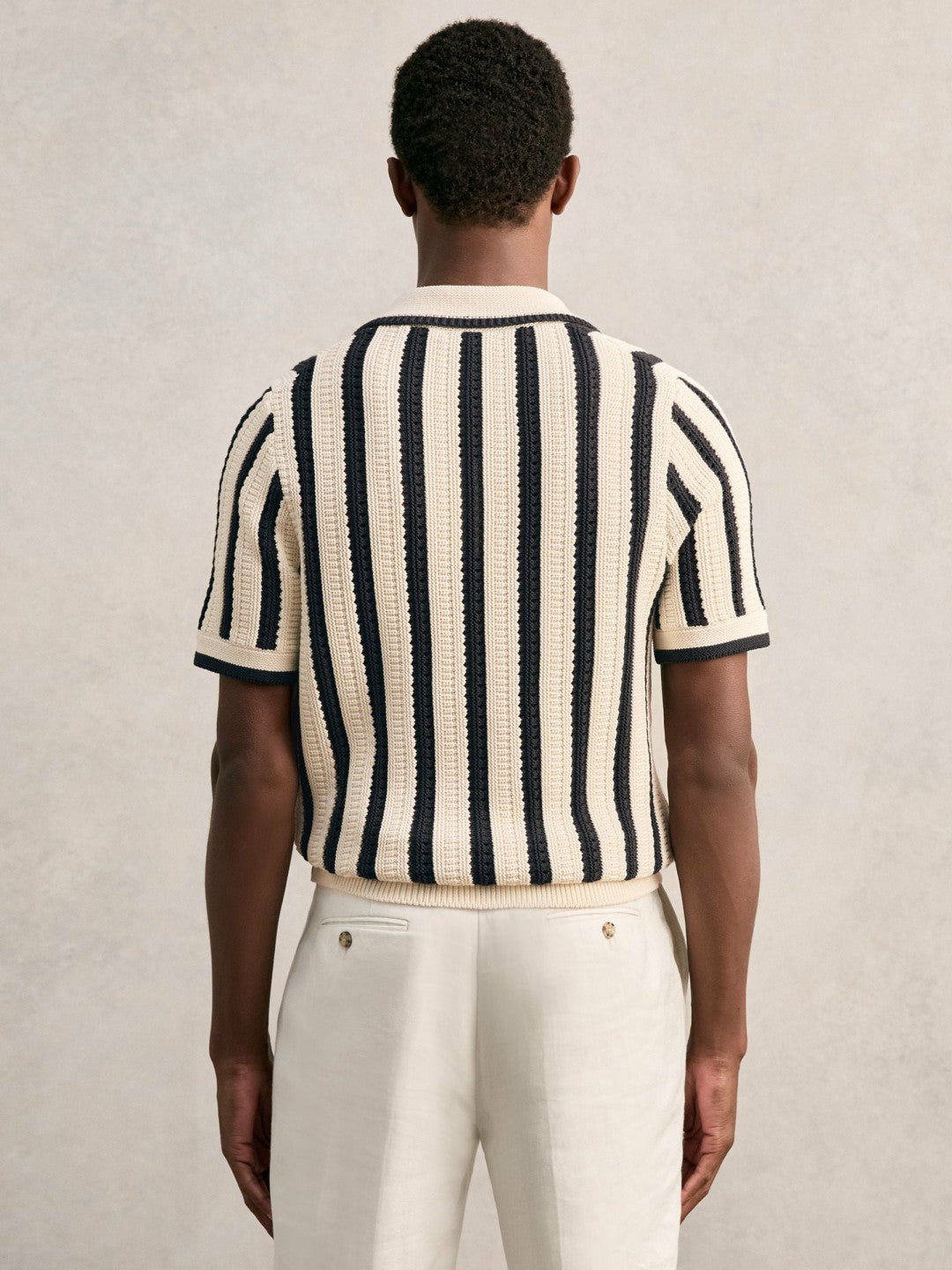 Cotton Blend Stripe Knit Polo Shirt Off White/Navy | Men