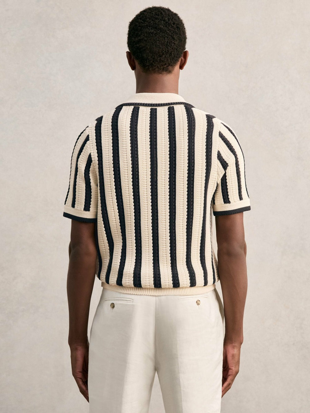 Cotton Blend Stripe Knit Polo Shirt Off White/Navy | Men