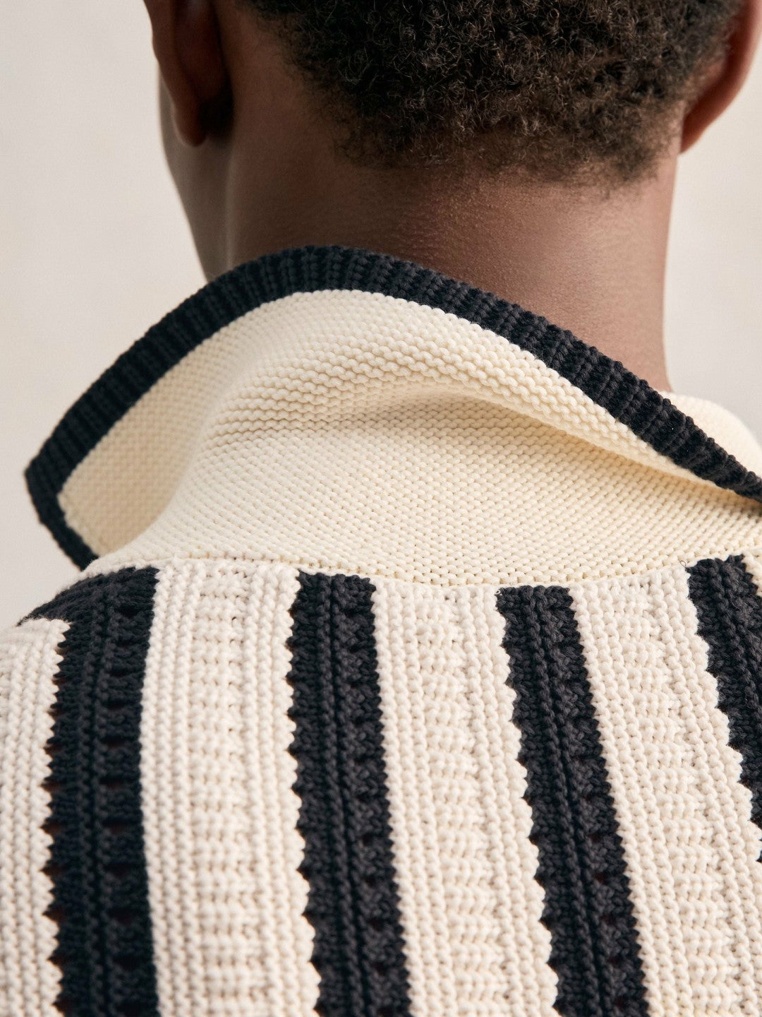 Cotton Blend Stripe Knit Polo Shirt Off White/Navy | Men