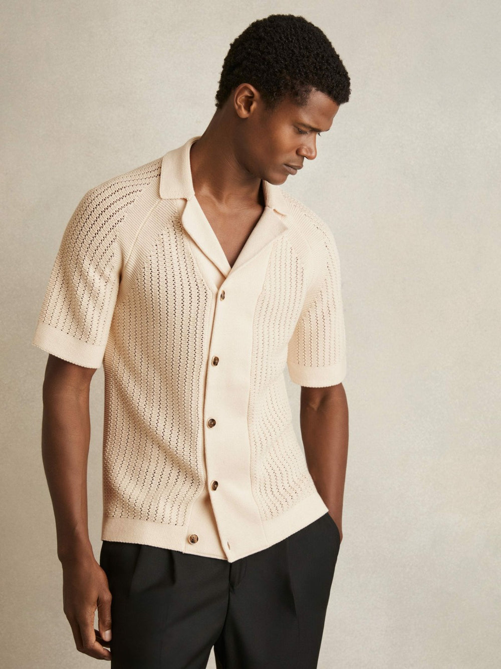 Cotton Textured-Knit Cuban-Collar Shirt Light Stone | Men