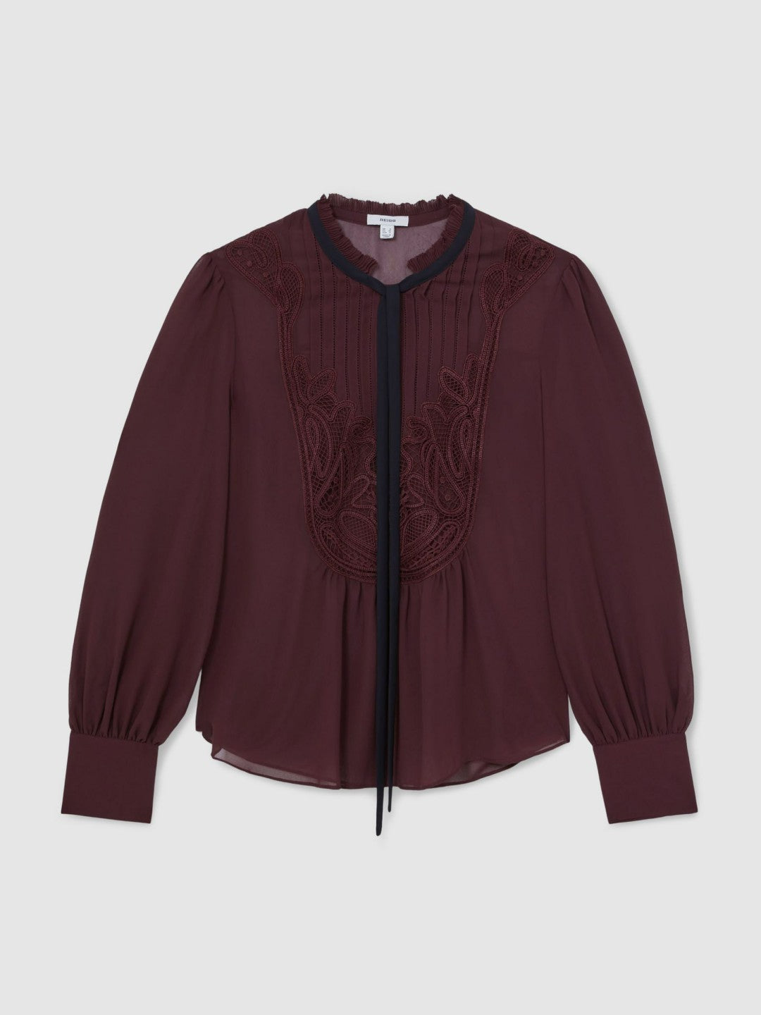 Lace-Embroidered Tie-Neck Shirt Burgundy | Women