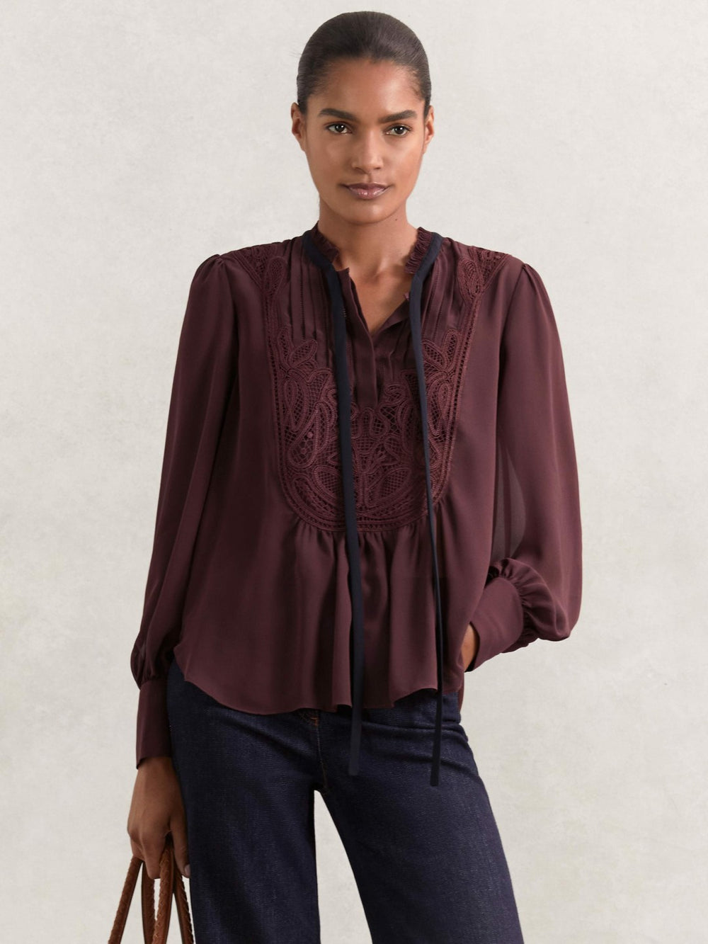 Lace-Embroidered Tie-Neck Shirt Burgundy | Women