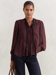 Lace-Embroidered Tie-Neck Shirt Burgundy | Women