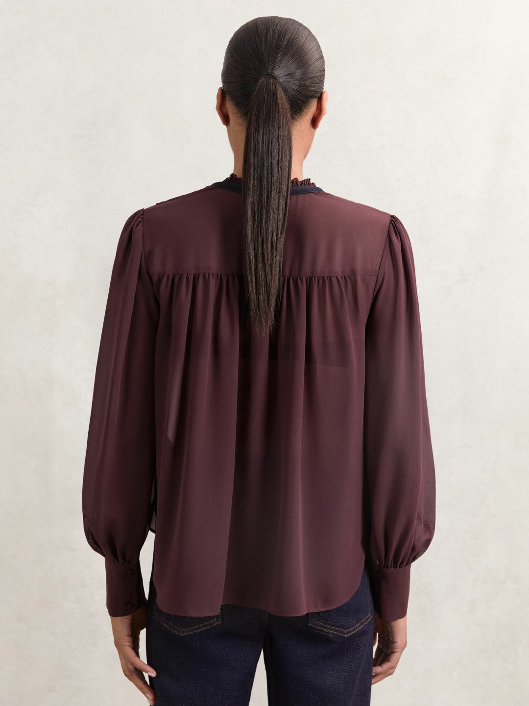 Lace-Embroidered Tie-Neck Shirt Burgundy | Women