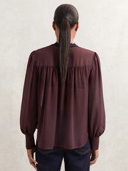 Lace-Embroidered Tie-Neck Shirt Burgundy | Women