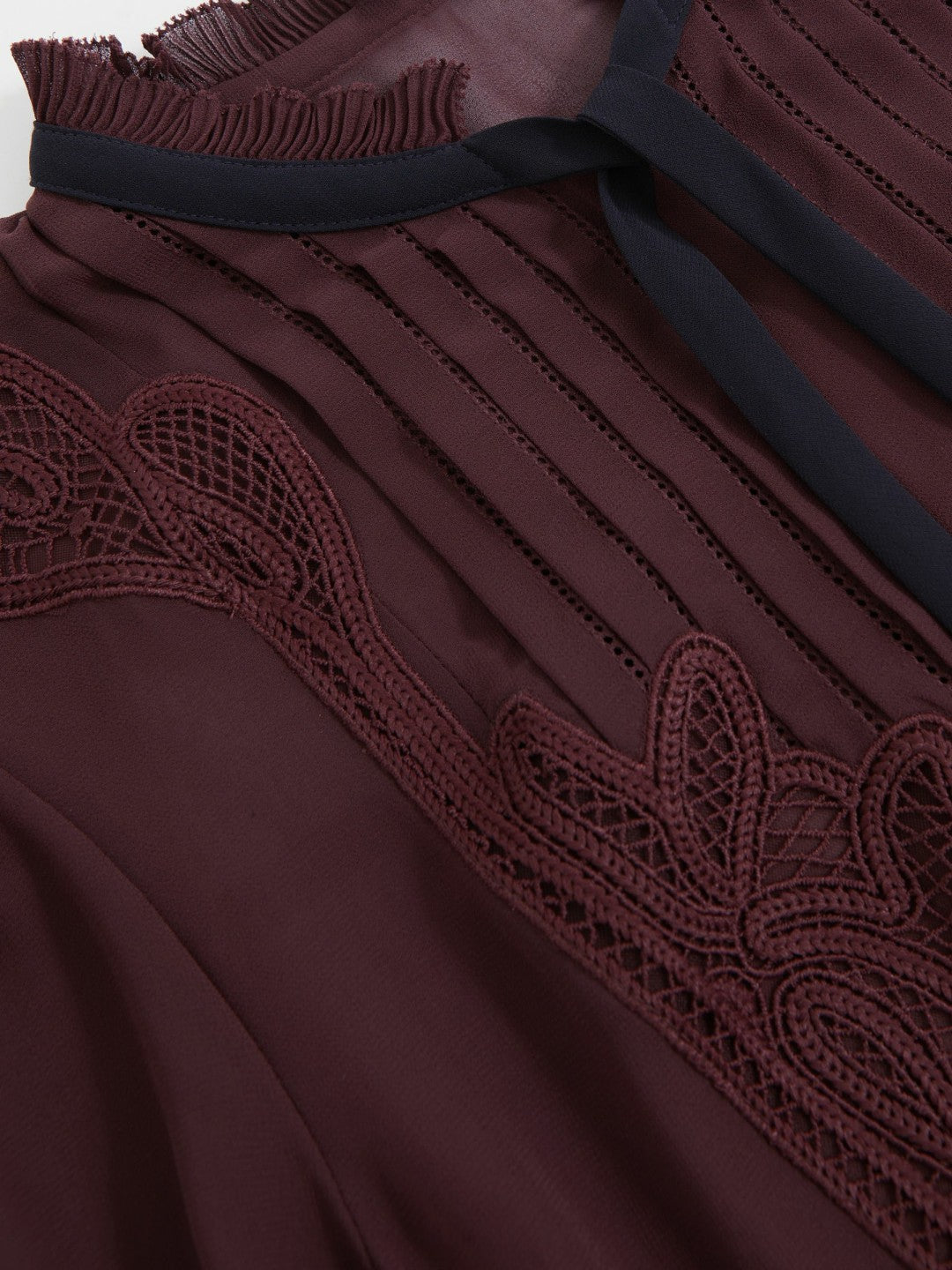 Lace-Embroidered Tie-Neck Shirt Burgundy | Women
