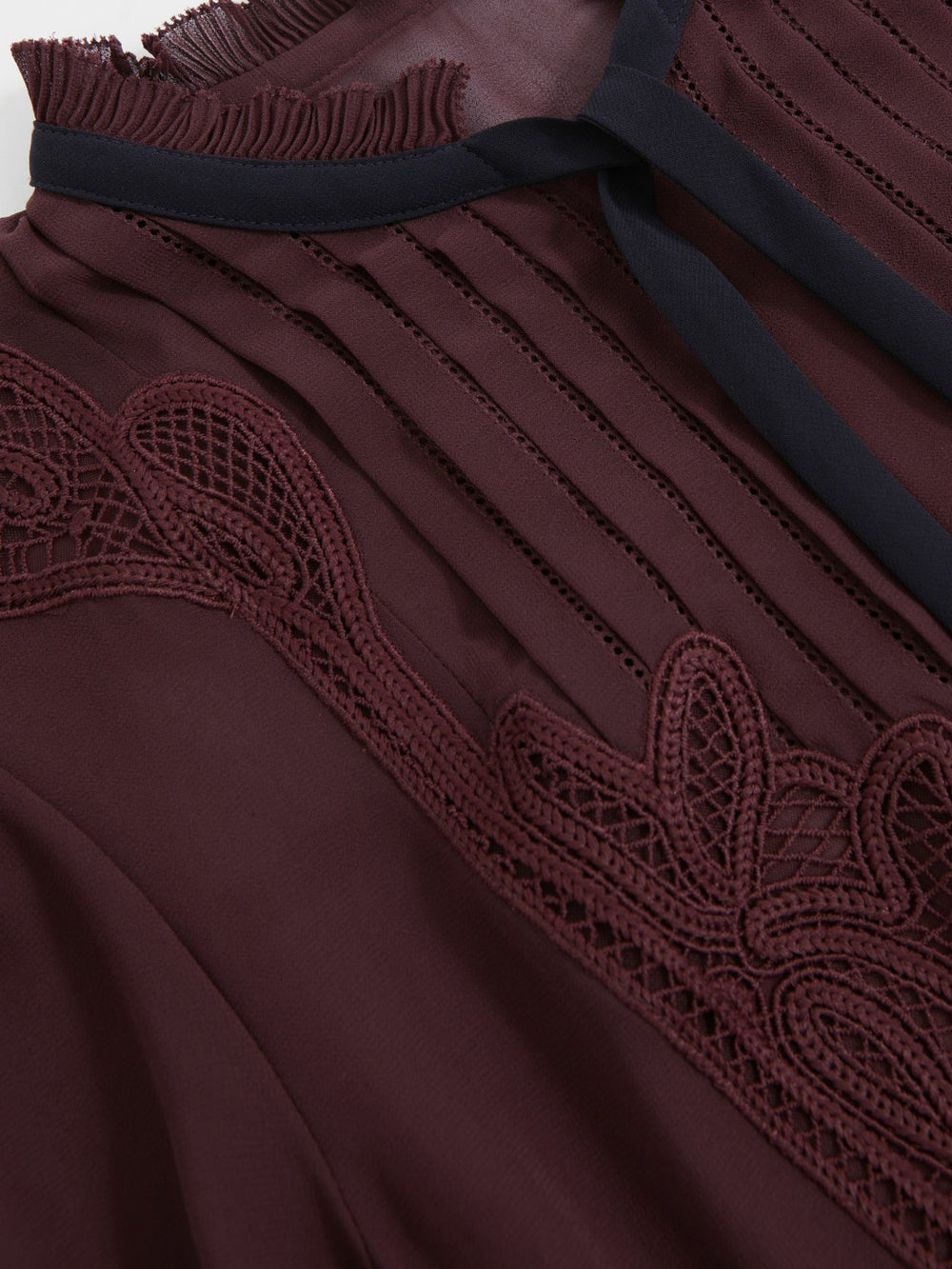 Lace-Embroidered Tie-Neck Shirt Burgundy | Women