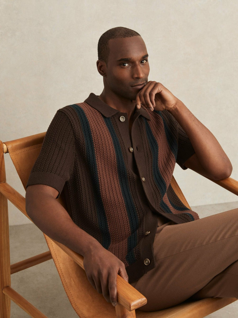 Cotton Textured-Knit Stripe Shirt Brown Multi | Men