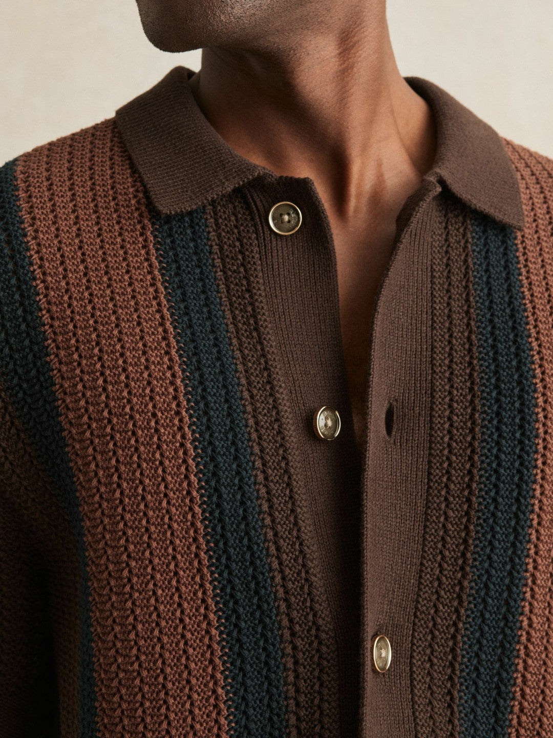 Cotton Textured-Knit Stripe Shirt Brown Multi | Men