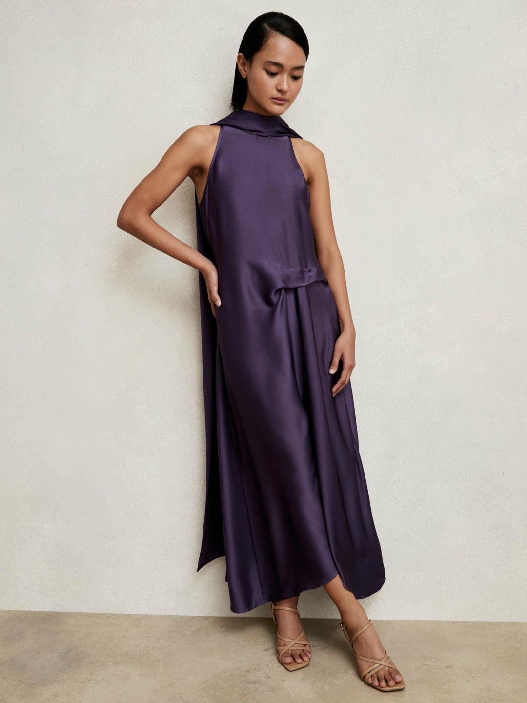 Satin Tuck-Detail Cape Midi Dress Purple | Women