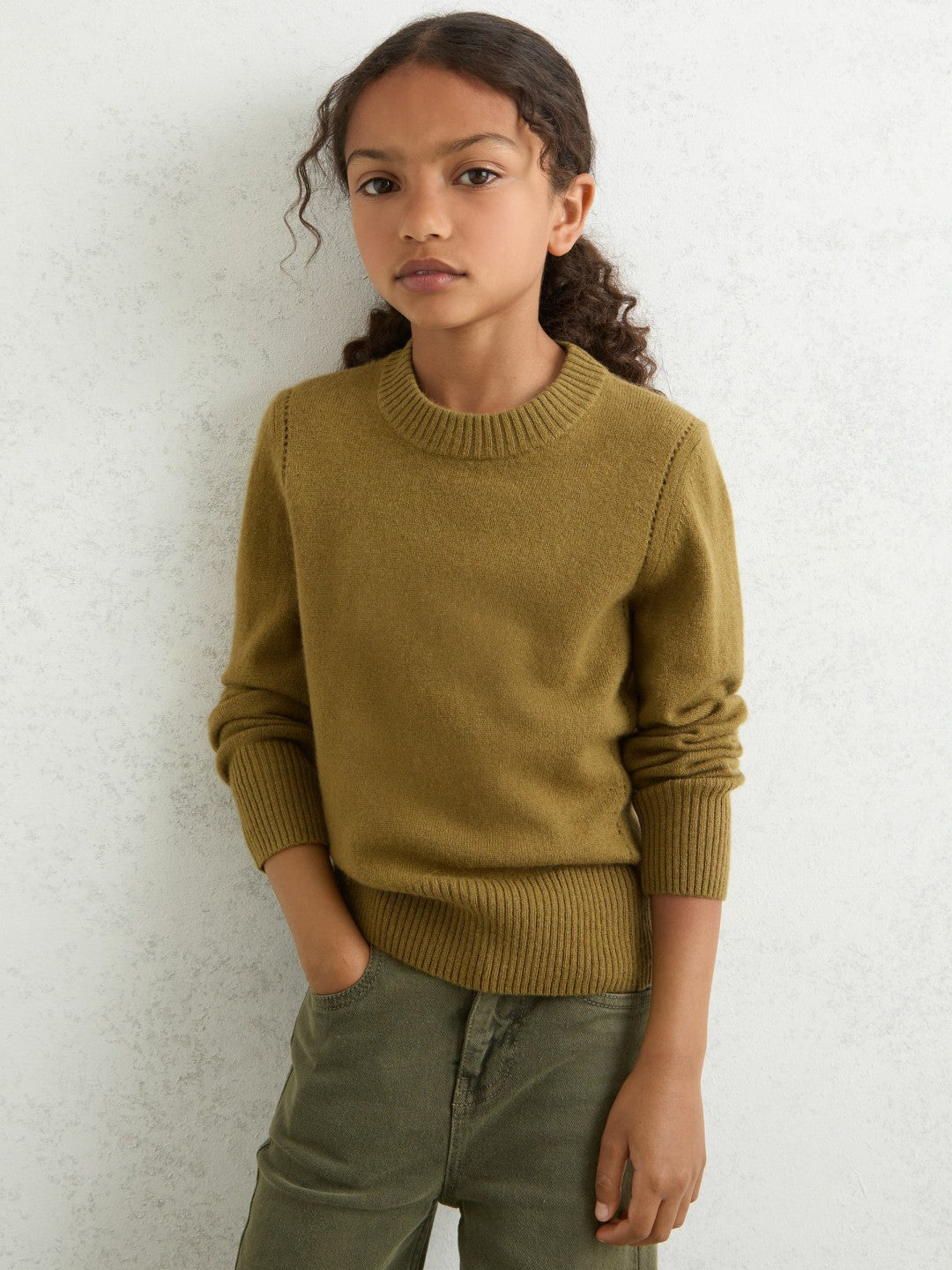 9-13 yrs Wool-Blend Open-Stitch Jumper with Cashmere Khaki Green | Children & Baby