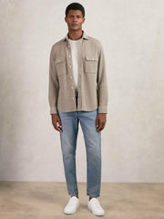 Textured Twin Pocket Cotton Blend Overshirt Oatmeal Brown Melange | Men