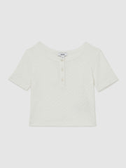 9-13 yrs Cotton Pointelle Button T-Shirt Ivory | Children & Baby
