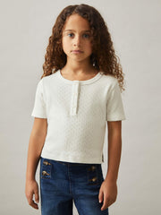 9-13 yrs Cotton Pointelle Button T-Shirt Ivory | Children & Baby