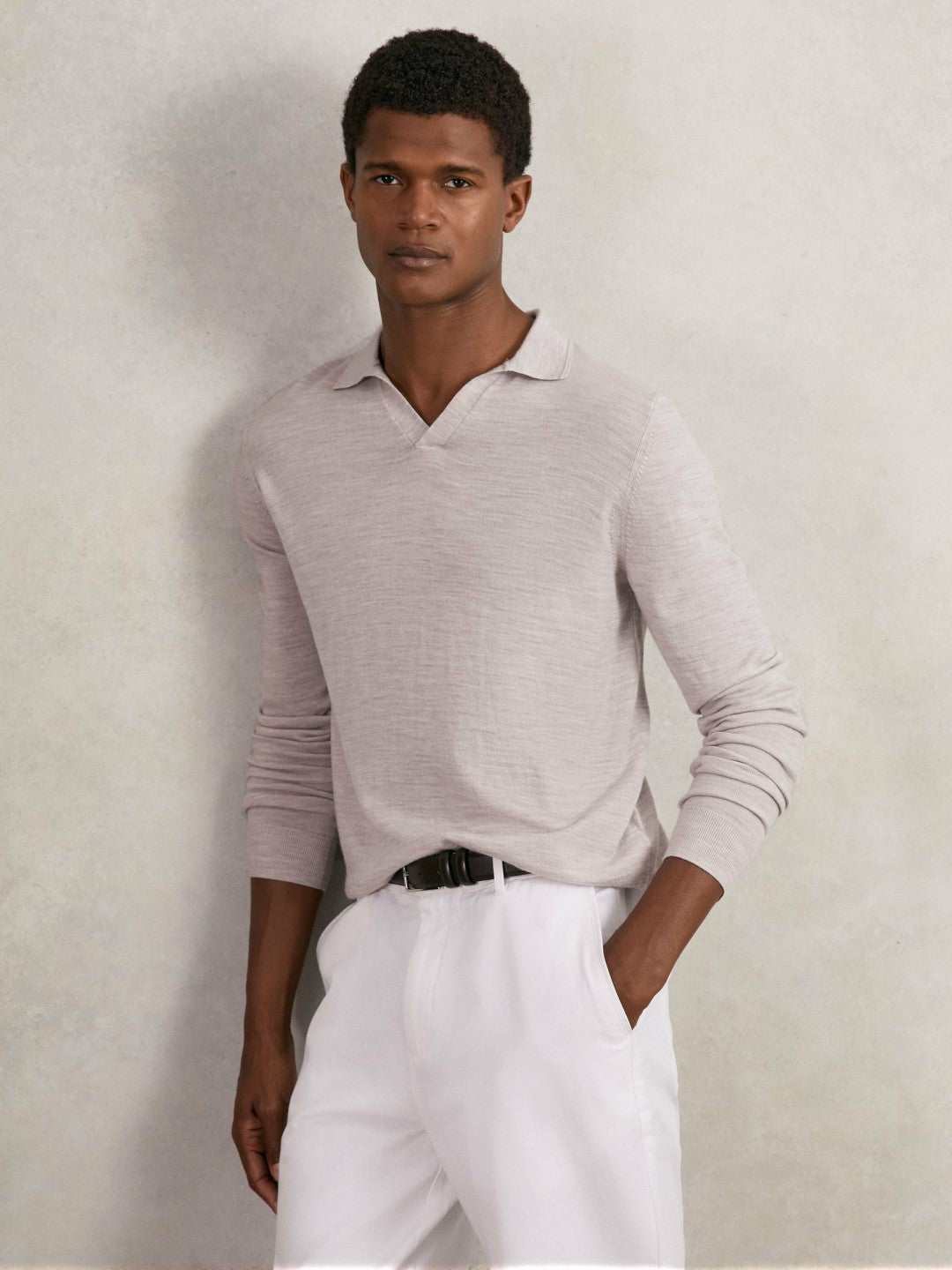 Merino Wool Open-Collar Polo Shirt Wicker Brown Melange | Men