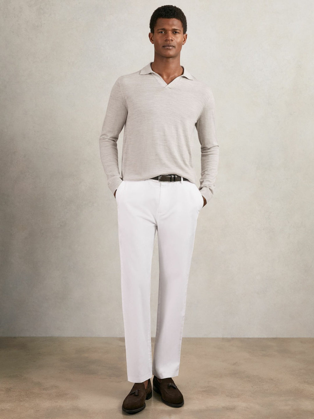 Merino Wool Open-Collar Polo Shirt Wicker Brown Melange | Men