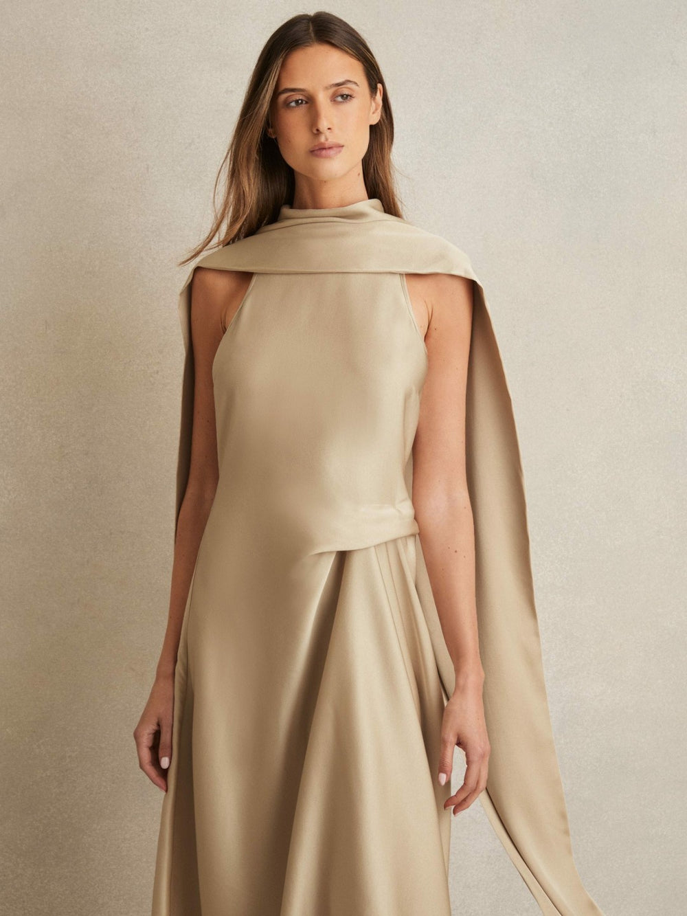Satin Tuck-Detail Cape Midi Dress Champagne Neutral | Women