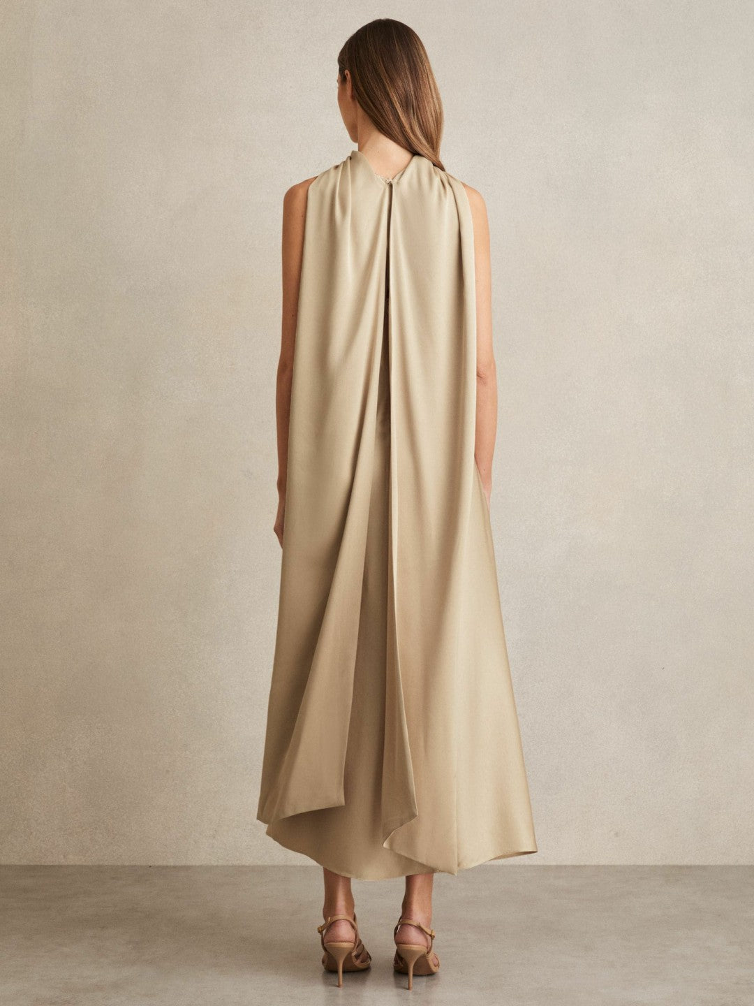 Satin Tuck-Detail Cape Midi Dress Champagne Neutral | Women