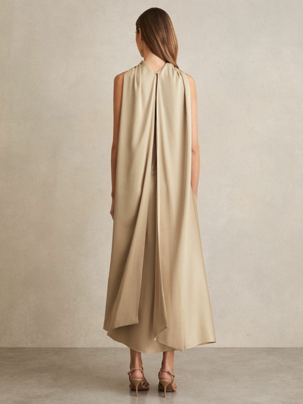 Satin Tuck-Detail Cape Midi Dress Champagne Neutral | Women