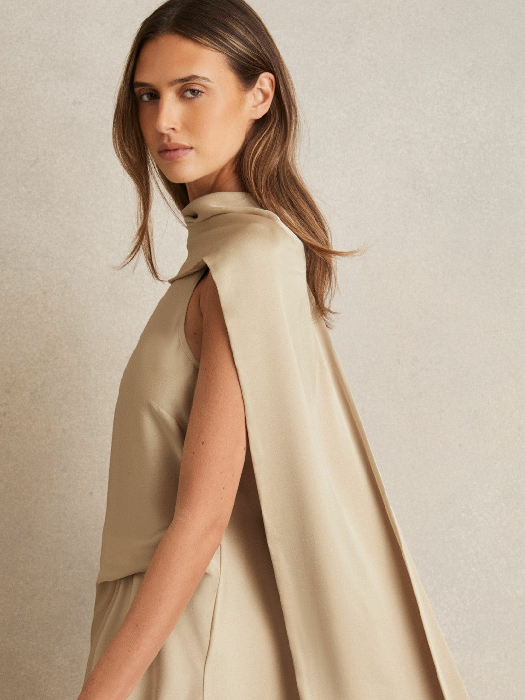 Satin Tuck-Detail Cape Midi Dress Champagne Neutral | Women