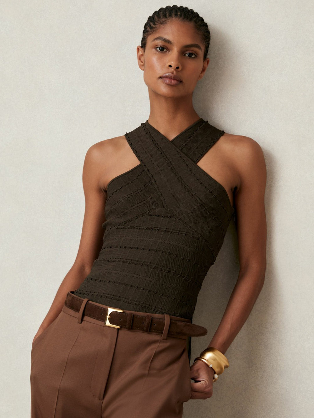 Cross Neck Textured Top Chocolate | Women